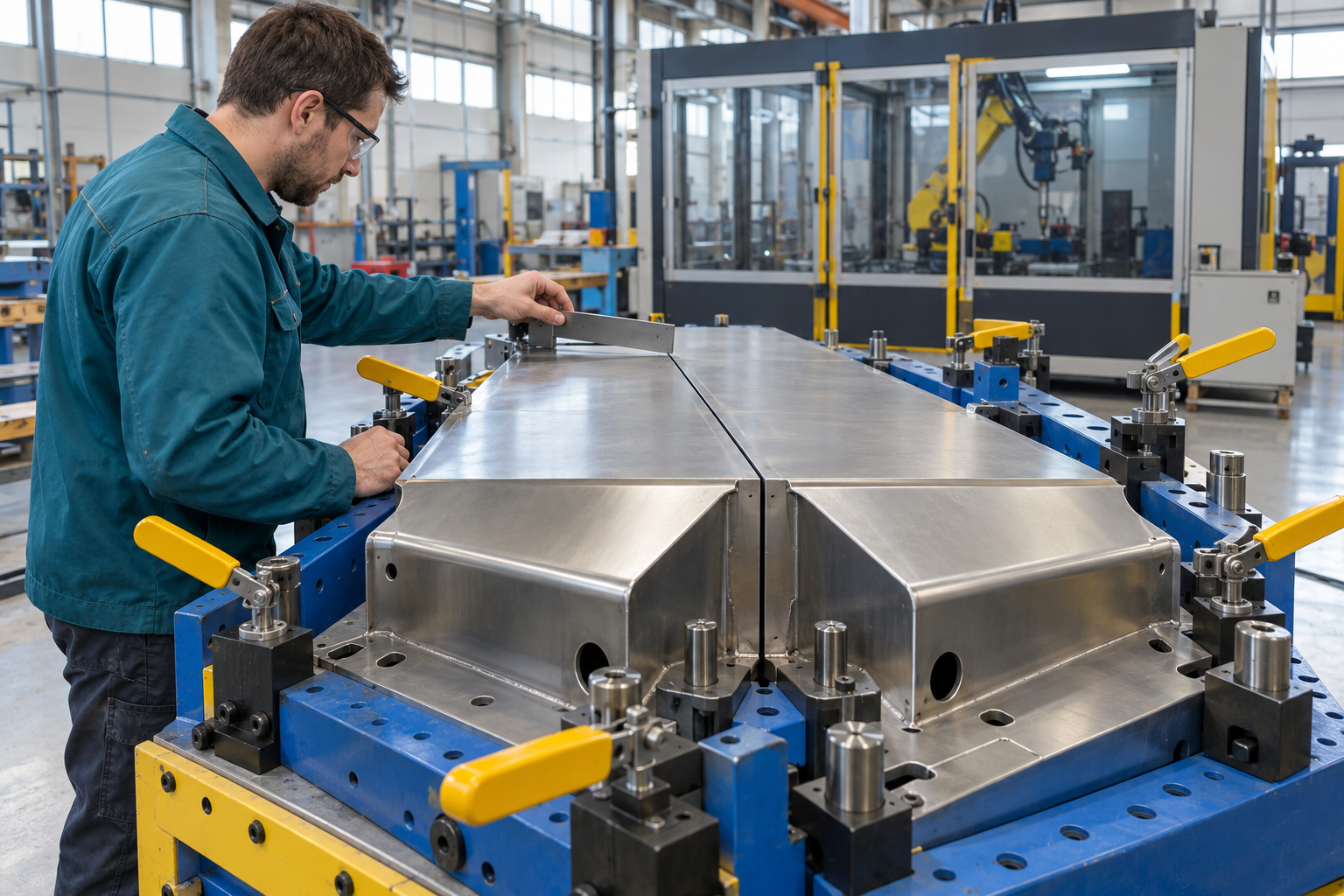Две части металлического корпуса закреплены на синем приспособлении