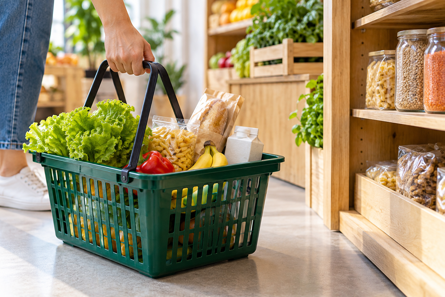 Современная корзина с выбранными продуктами возле открытой полки