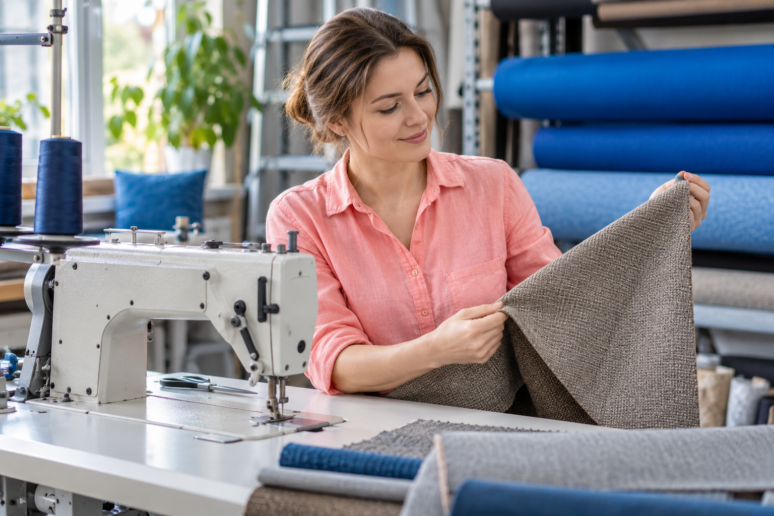 Иллюстрация: женщина держит отрез ткани рядом со швейной машиной