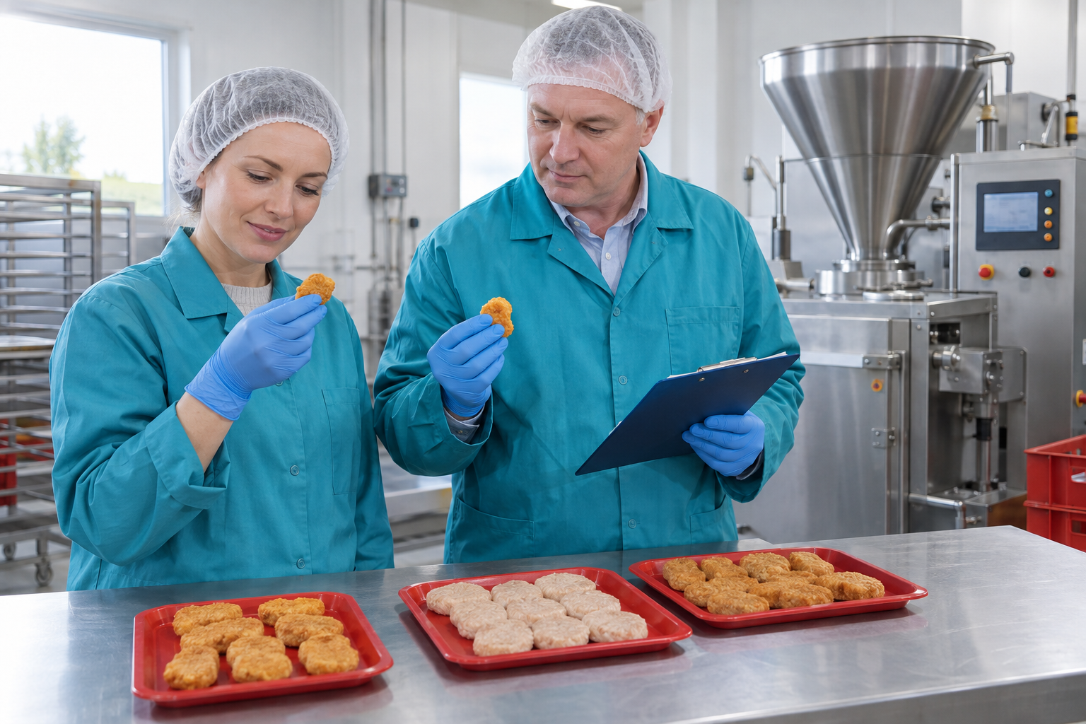 Иллюстрация: специалисты оценивают образцы продукта рядом с пищевой машиной